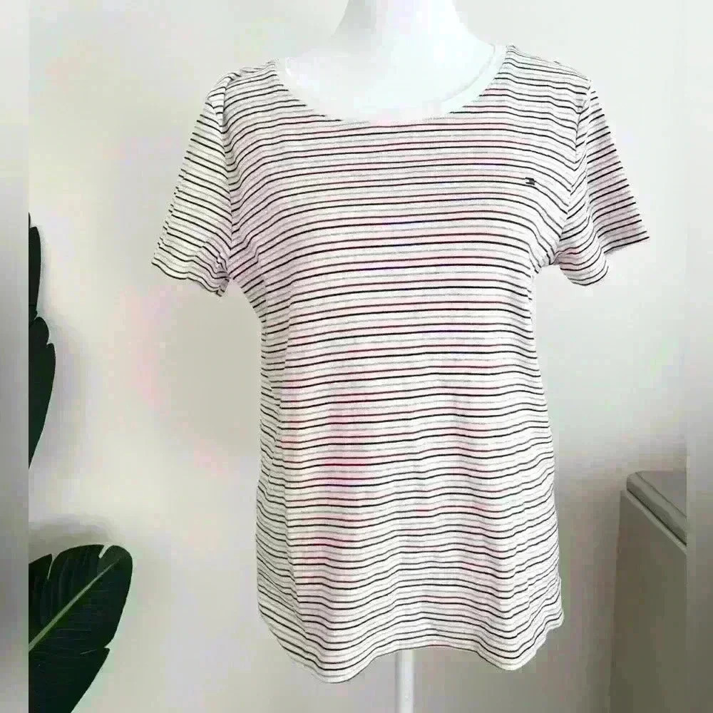 Tommy Hilfiger Women's Striped Crewneck Tee Shirt White Multi Stripes Large